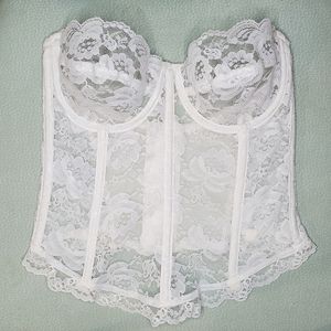 Vintage Jezebel white lace bridal lingerie sheer wedding corset ruffle trim 34 B